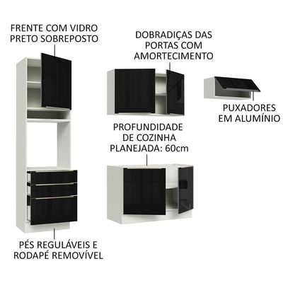 Cozinha Lux com Armário e Balcão 6 Portas Branco Preto