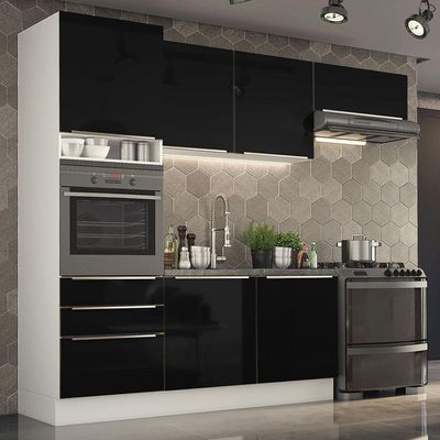 Cozinha Lux com Armário e Balcão 6 Portas Branco Preto