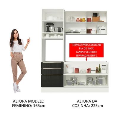 Cozinha Compacta com Armário 5 Portas 3 Gavetas Branco Preto
