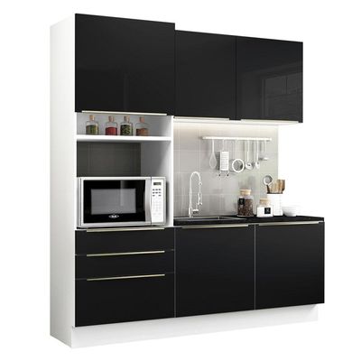 Cozinha Compacta com Armário 5 Portas 3 Gavetas Branco Preto
