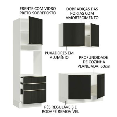 Cozinha Compacta com Armário 5 Portas 3 Gavetas Branco Preto