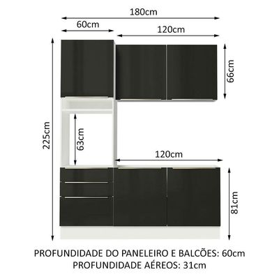Cozinha Compacta com Armário 5 Portas 3 Gavetas Branco Preto