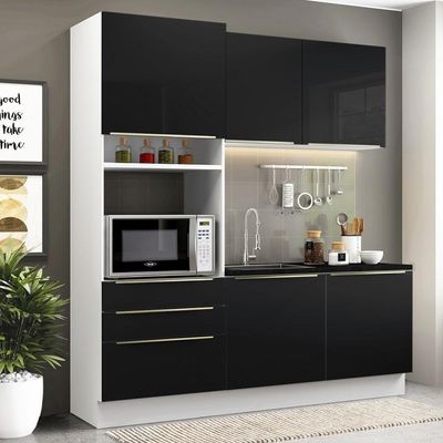Cozinha Compacta com Armário 5 Portas 3 Gavetas Branco Preto