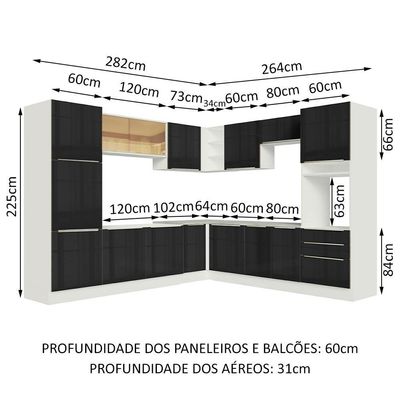 Cozinha Completa Lux com Armário e Balcão Branco Preto