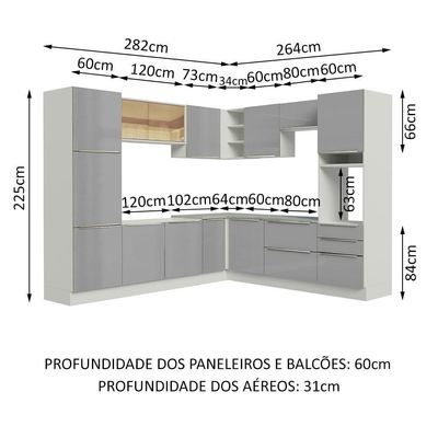 Cozinha Completa Lux com Armário e Balcão Branco Cinza