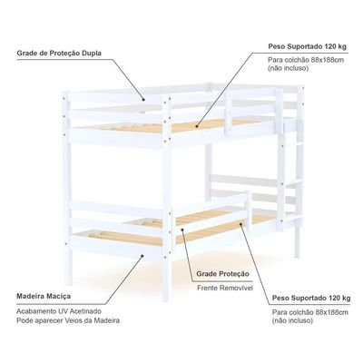 Beliche Infantil Slim Com Grade De Proteção Madeira Maciça Branco Housin
