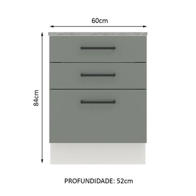 Balcão Madesa Agata 60 cm 3 Gavetas Branco e Cinza