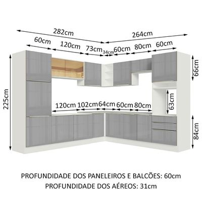 Cozinha Completa Lux com Armário e Balcão Branco Cinza