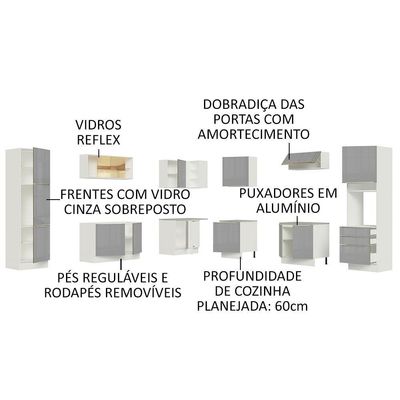 Cozinha Completa Lux com Armário e Balcão Branco Cinza