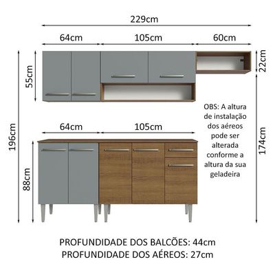Armário De Cozinha Compacta 229cm Rustic/cinza Emilly Madesa 14 Rustic/cinza
