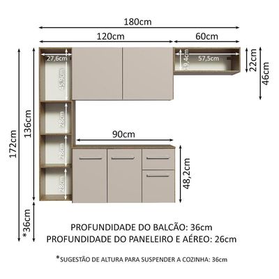 Armário De Cozinha Compacta 180cm Rustic/crema Easy Madesa Rustic/crema