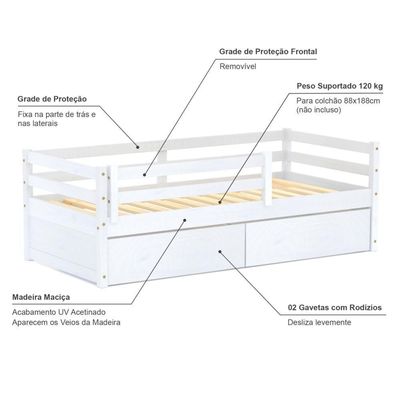 Cama Infantil Slim Com 02 Gavetas E Grade De Proteção Madeira Maciça Branco Housin