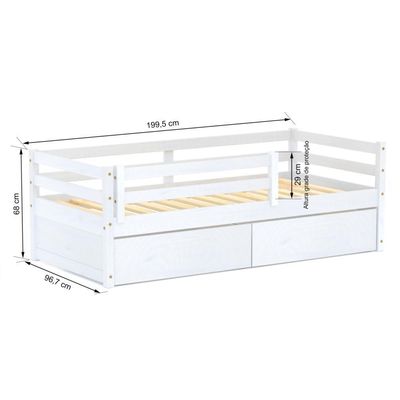 Cama Infantil Slim Com 02 Gavetas E Grade De Proteção Madeira Maciça Branco Housin