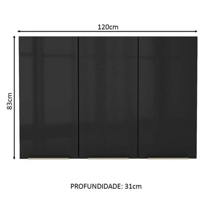 Armário Aéreo Madesa Lux 120 cm 3 Portas Rustic e Preto