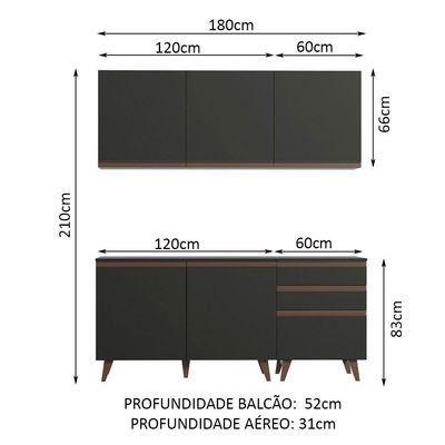 Armário de Cozinha Reims com Balcão 5 Portas 3 Gavetas Preto