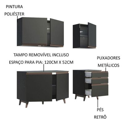 Armário de Cozinha Reims com Balcão 5 Portas 3 Gavetas Preto