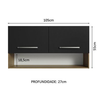 Armário Aéreo Cozinha 105cm 2 Portas 1 Nicho Rustic/preto Emilly Madesa Rustic/preto