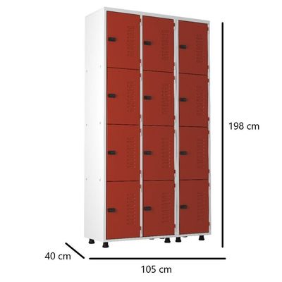 Armário Aço 12 Portas Academia Guarda Volume Trinco Vermelho