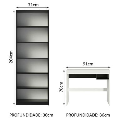 Escrivaninha Rubi e Estante Livreiro 6908 Branco Preto