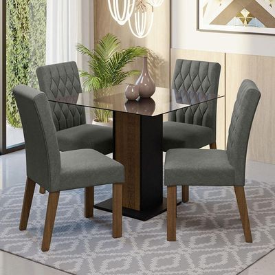 Conjunto Sala De Jantar Mesa Tampo De Vidro 4 Cadeiras Madesa Rustic/preto/silver