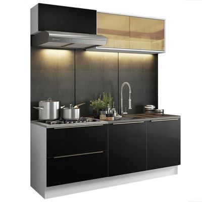 Cozinha Completa com Armário 5 Portas 2 Gavetas Branco Preto