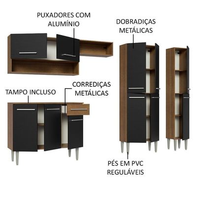 Armário De Cozinha Completa 261Cm Rustic/Preto