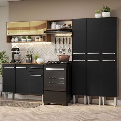 Armário De Cozinha Completa 261Cm Madesa 08 Rustic/Preto