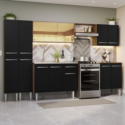 Armário De Cozinha Completa 293cm Com Pia Rustic/preto Emilly Madesa 07 Rustic/preto