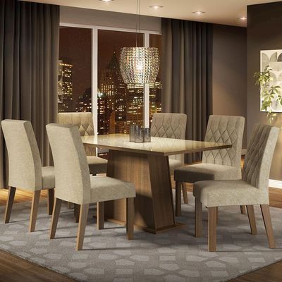 Conjunto Sala De Jantar Mesa Tampo De Vidro 6 Cadeiras Rust