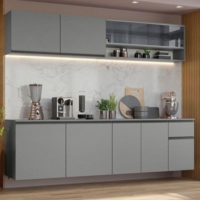 Armário De Cozinha Completa Suspenso 240cm Cinza Nice Madesa 05 Cinza