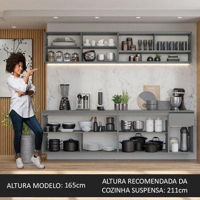 Armário De Cozinha Completa Suspenso 240cm Cinza Nice Madesa 05 Cinza