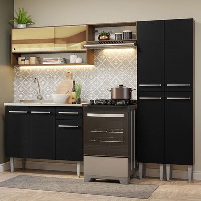 Armário De Cozinha Compacta 229cm Com Pia Rustic/preto Emilly Madesa 11 Rustic/preto