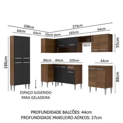Cozinha Canto Emilly Armário Balcão 15 Portas Preto Madesa