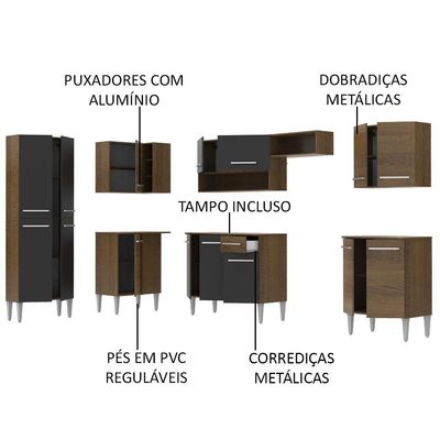 Cozinha Canto Emilly Armário Balcão 15 Portas Preto Madesa