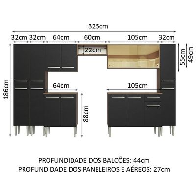 Armário De Cozinha Completa 325Cm Madesa 04 Rustic/Preto