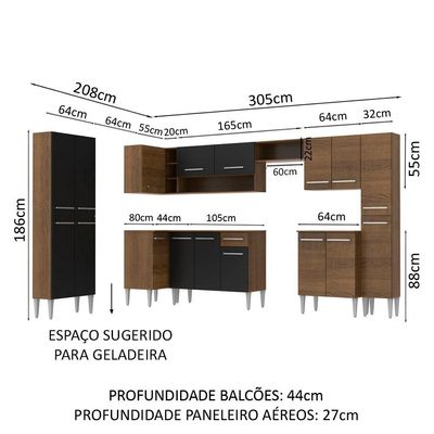 Cozinha Canto Reto Emilly 17 Portas 1 Gaveta Preto Madesa