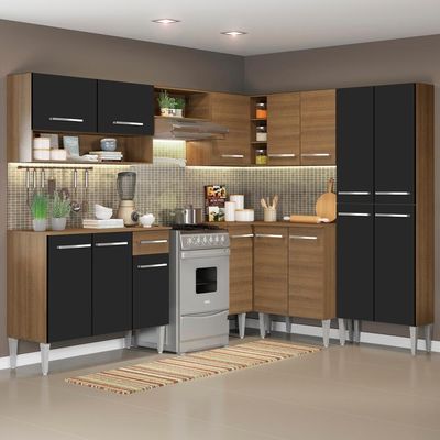 Cozinha Canto Reto Emilly 417 Armário e Balcão Preto Madesa