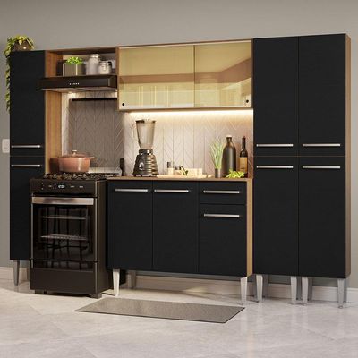 Armário De Cozinha Completa 261Cm Madesa 07 Rustic/Preto