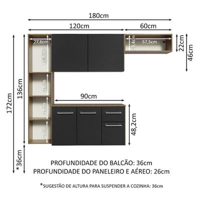 Armário De Cozinha Compacta 180cm Rustic/preto Easy Madesa Rustic/preto