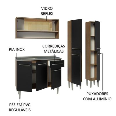 Armário De Cozinha Compacta 169cm Com Pia Rustic/preto Emilly Madesa 14 Rustic/preto