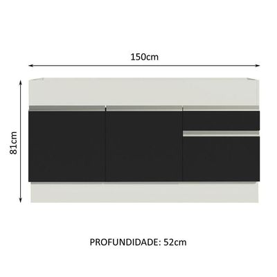 Balcão Pia Glamy 150Cm 2 Porta Gaveta sem Tampo Branco Preto