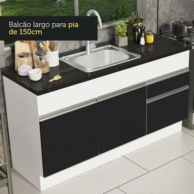 Balcão Pia Glamy 150Cm 2 Porta Gaveta sem Tampo Branco Preto
