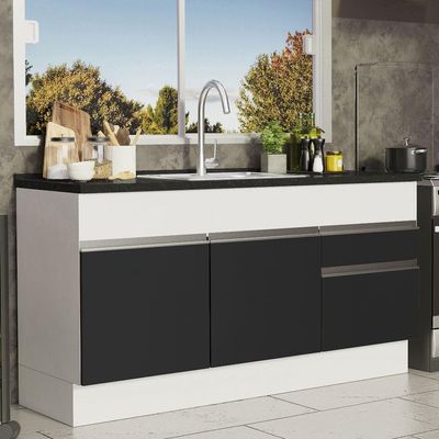 Balcão Pia Glamy 150Cm 2 Porta Gaveta sem Tampo Branco Preto