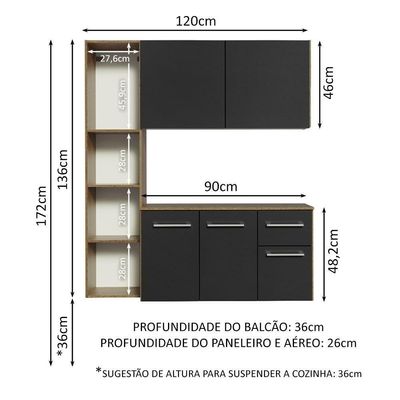 Armário De Cozinha Compacta 120cm Rustic/preto Easy Madesa Rustic/preto
