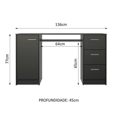 Escrivaninha Madesa Alaska 3 Gavetas 1 Porta Preto