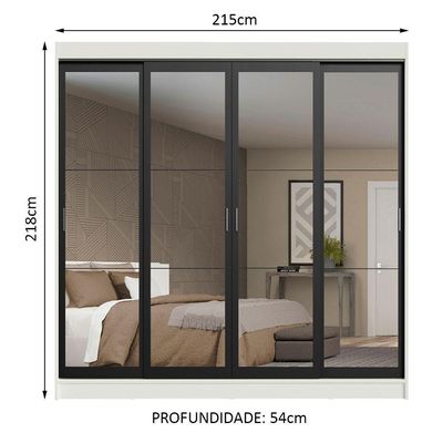 Guarda-roupa Casal 4 Portas de Espelho 3 Gavetas Branco