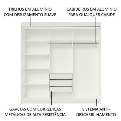 Guarda-roupa 4 Portas de Correr Espelhos 3 Gavetas Madesa