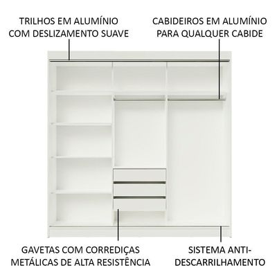 Guarda-roupa 3 Portas de Correr de Espelho 3 Gavetas Madesa