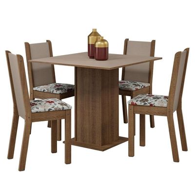 Conjunto Sala De Jantar Mesa Tampo De Madeira 4 Cadeiras Rustic/crema/ Hibiscos Briana Madesa