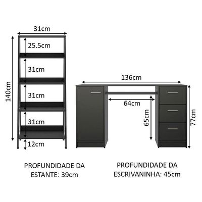 Escrivaninha Madesa Alaska + Estante Escada - Preto Preto